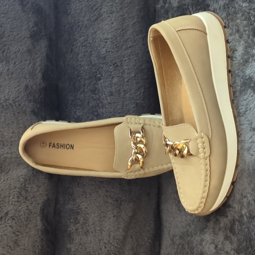 Tan Loafers With Gold Chain Accents